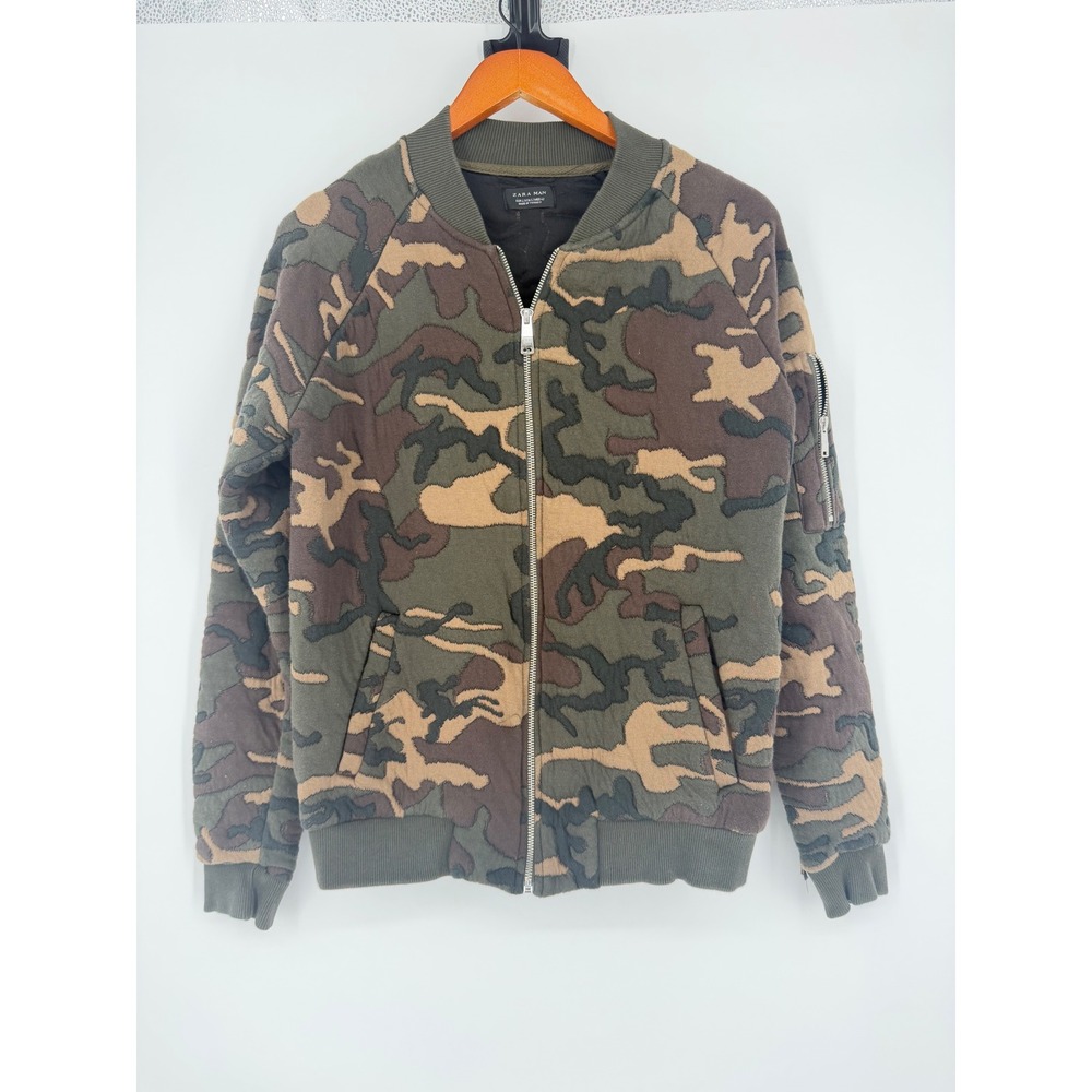 Zara Man Mens Camo Bomber Jacket Large Green Camouflage Streetwear Military